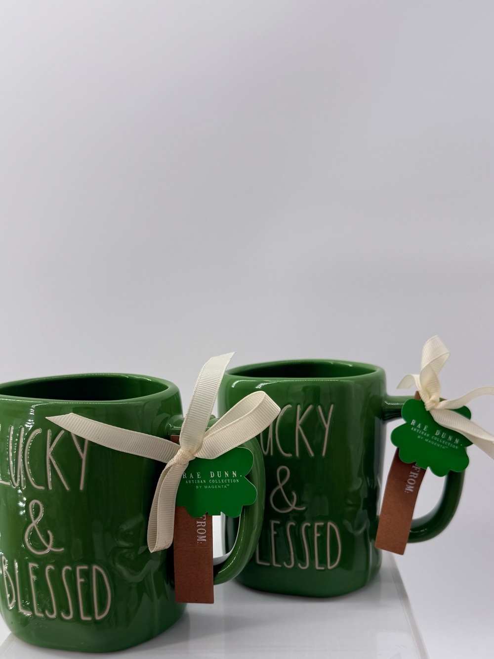 Rae Dunn Green "Lucky & Blessed" Ceramic Mug Set